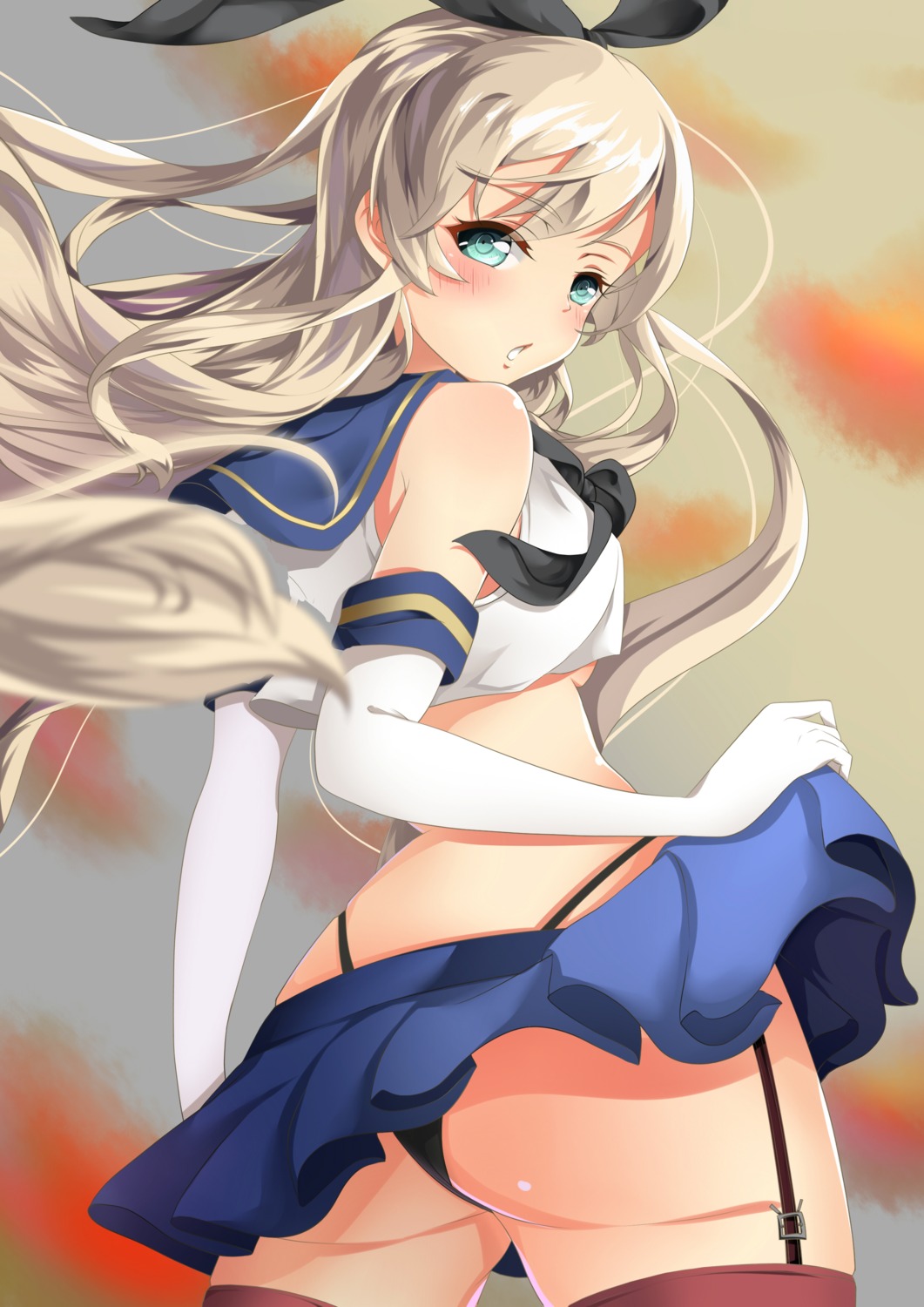 ass kantai_collection pantsu seifuku shimakaze_(kancolle) skirt_lift stockings thighhighs thong xinshijie_de_akalin