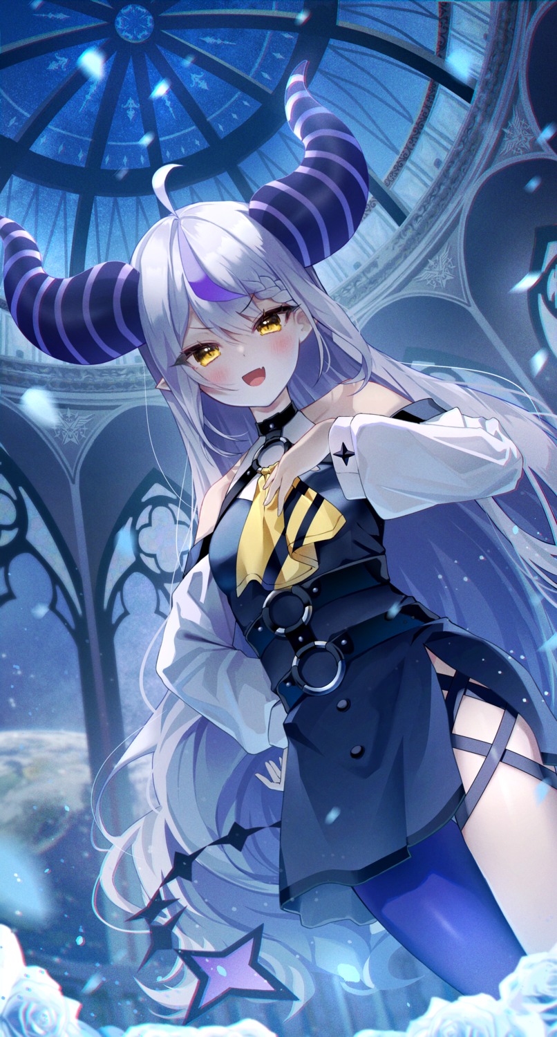 dress hololive horns la+_darknesss miltea pointy_ears tail thighhighs