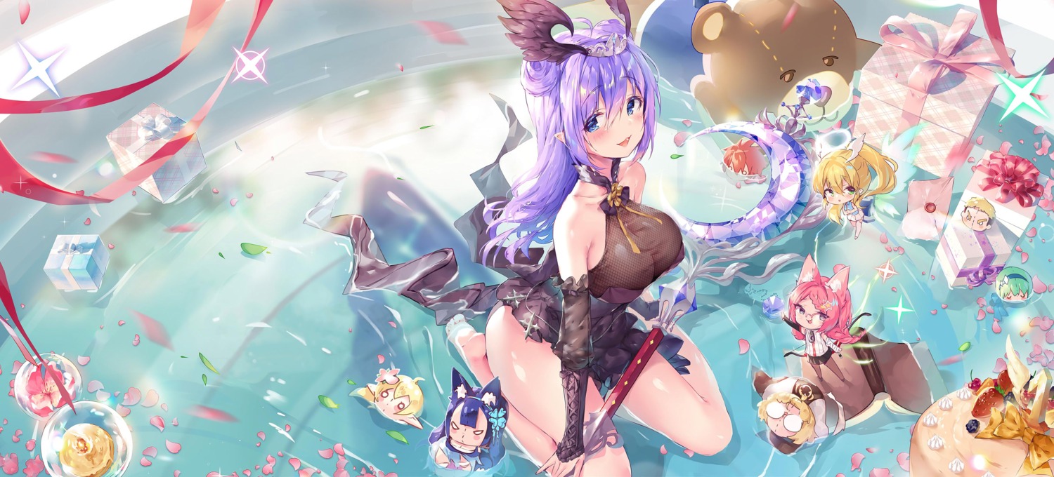 animal_ears chibi detexted megane odaefnyo photoshop pointy_ears swimsuits weapon wet