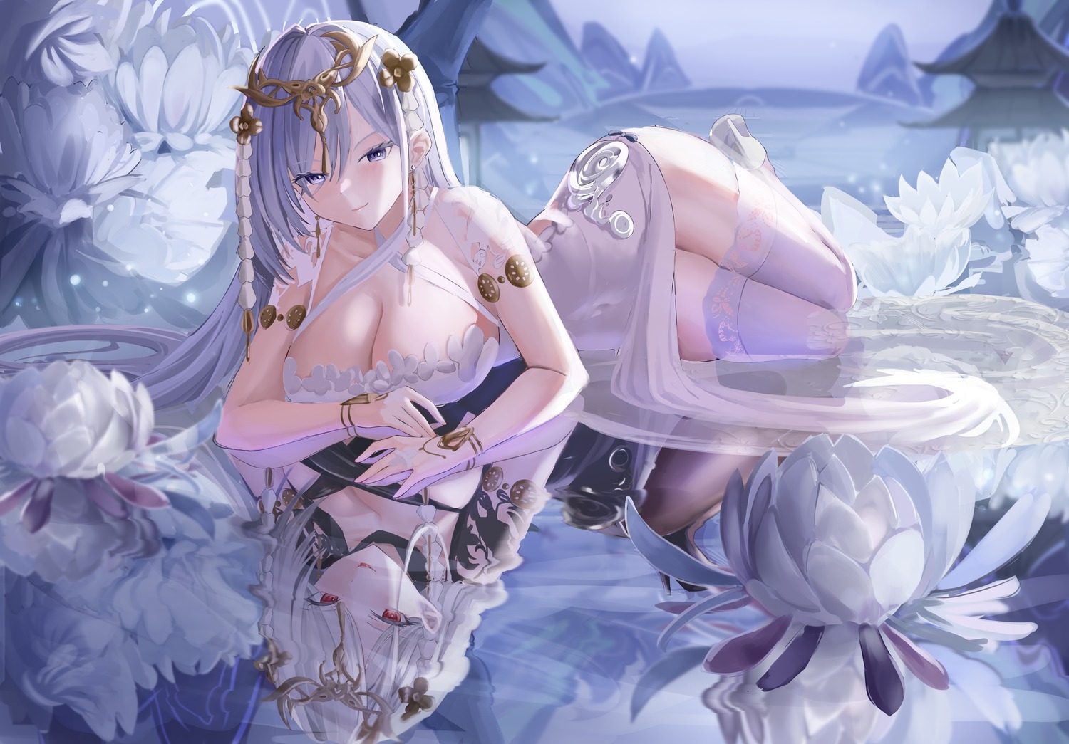 azur_lane dress emden_(azur_lane) mikkom no_bra thighhighs wet