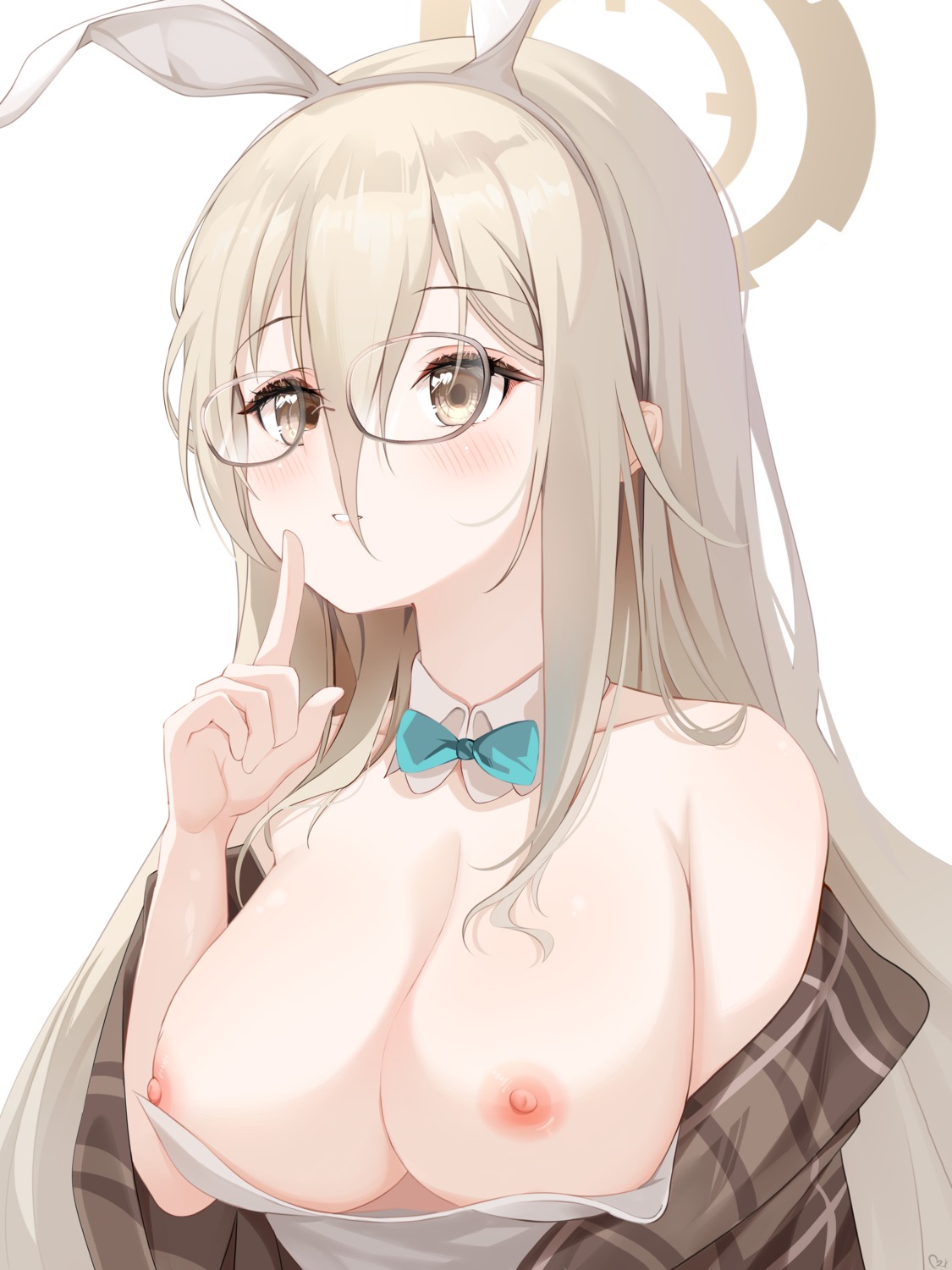 animal_ears blue_archive breasts bunny_ears bunny_girl halo megane murokasa_akane nipples no_bra teeth_bro