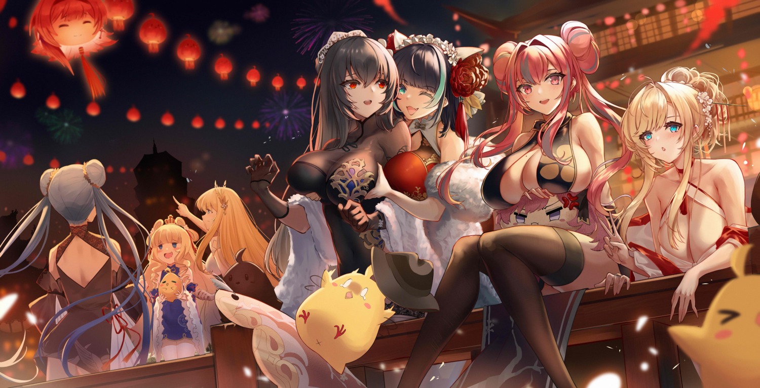 azur_lane breast_grab breast_hold bremerton_(azur_lane) cheshire_(azur_lane) chibi chinadress cleavage dress essex_(azur_lane) glorious_(azur_lane) manjuu_(azur_lane) ng_jie no_bra queen_elizabeth_(azur_lane) saint_louis_(azur_lane) see_through skirt_lift thighhighs victorious_(azur_lane) yuri