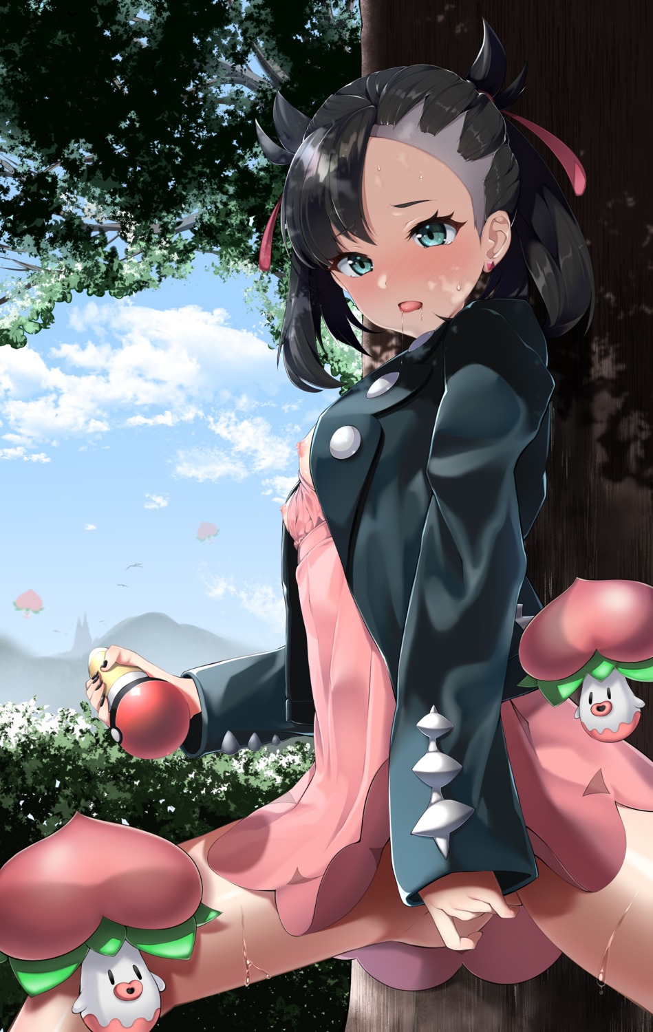 breasts dress mary_(pokemon) masturbation momonoko_noko nipples no_bra nopan pokemon pokemon_sword_and_shield pussy_juice skirt_lift