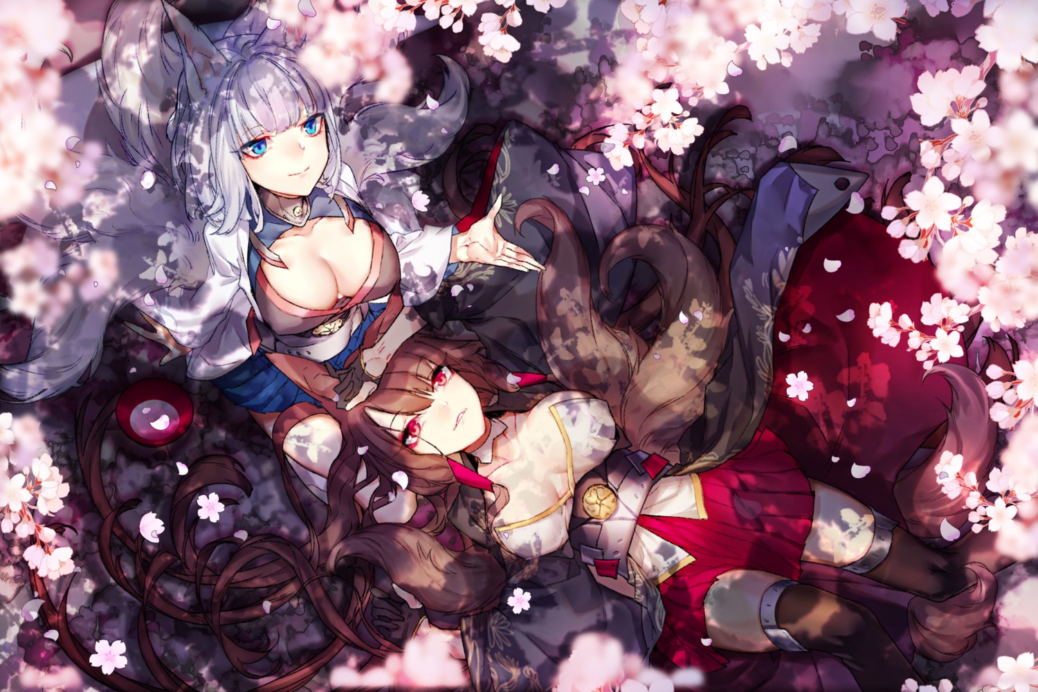 akagi_(azur_lane) animal_ears azur_lane cleavage japanese_clothes kaga_(azur_lane) kitsune krab no_bra tail thighhighs