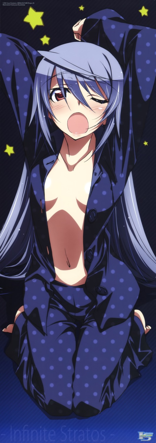 cleavage infinite_stratos kurashima_tomoyasu laura_bodewig no_bra open_shirt pajama stick_poster