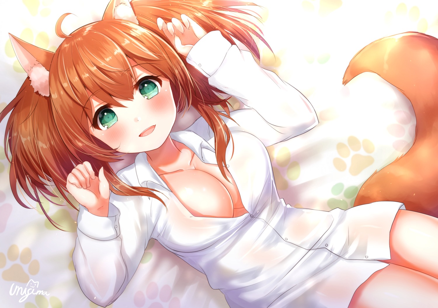 animal_ears dress_shirt inumimi no_bra open_shirt see_through tail umishima_rinta