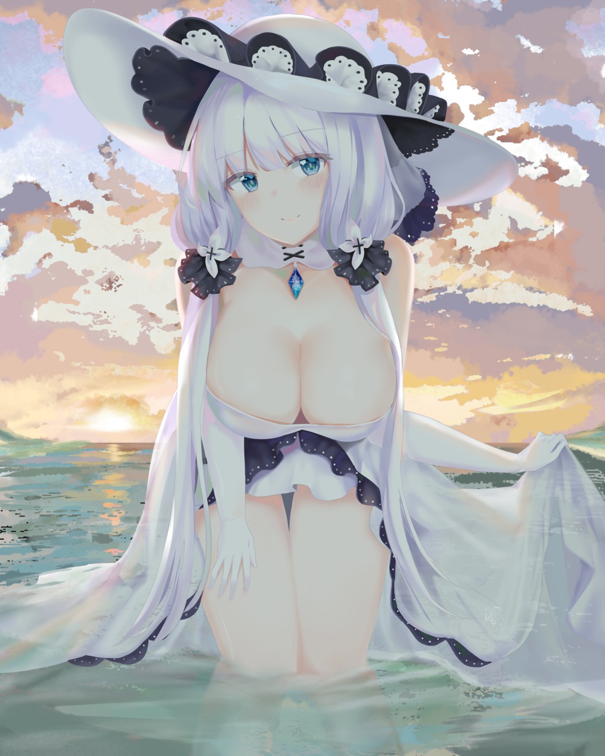 artist_revision azur_lane cleavage dress illustrious_(azur_lane) no_bra ru_zhai see_through skirt_lift wet wet_clothes