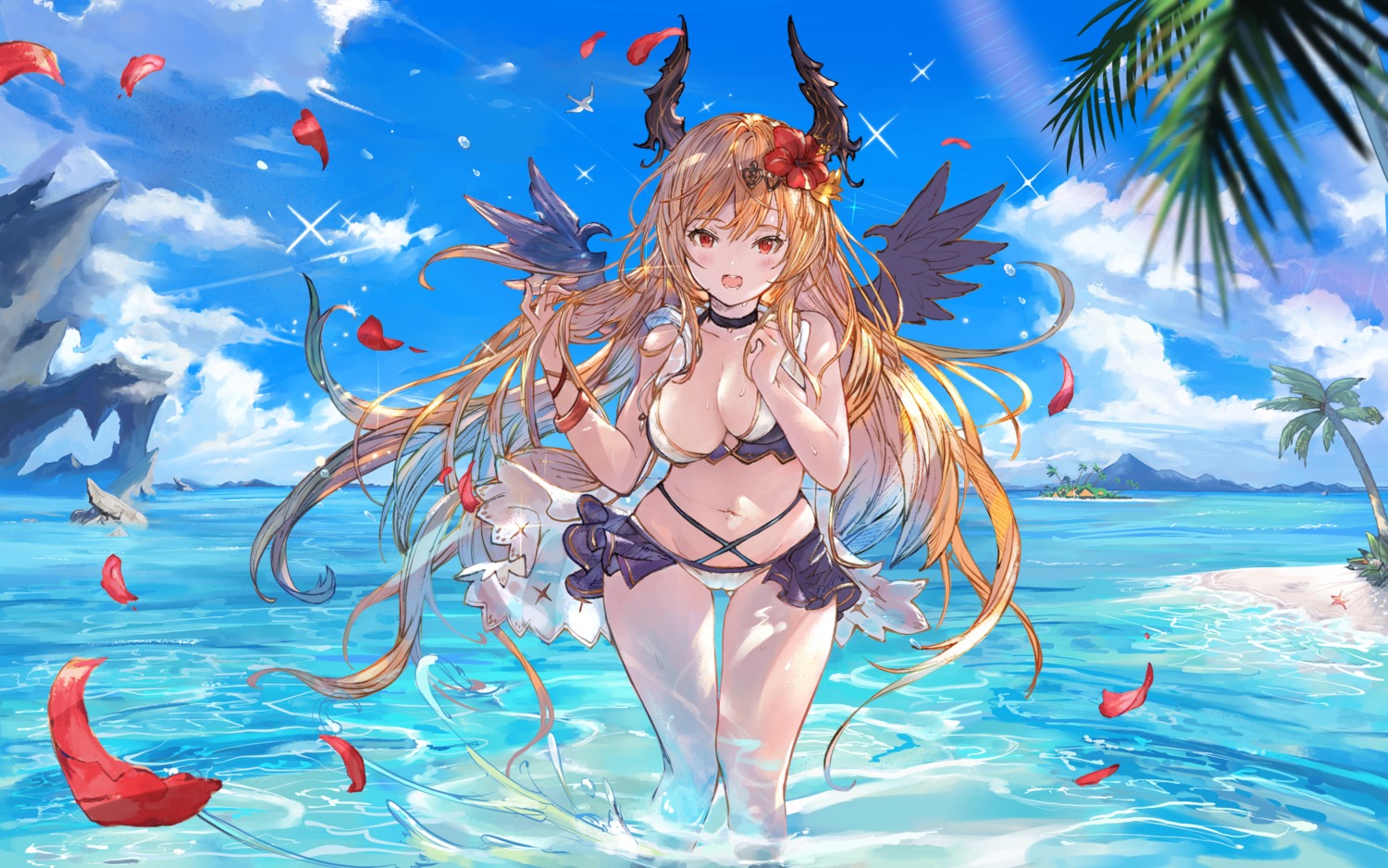 bikini breast_hold cameltoe cleavage dark_angel_olivia granblue_fantasy horns swimsuits tagme wet wings