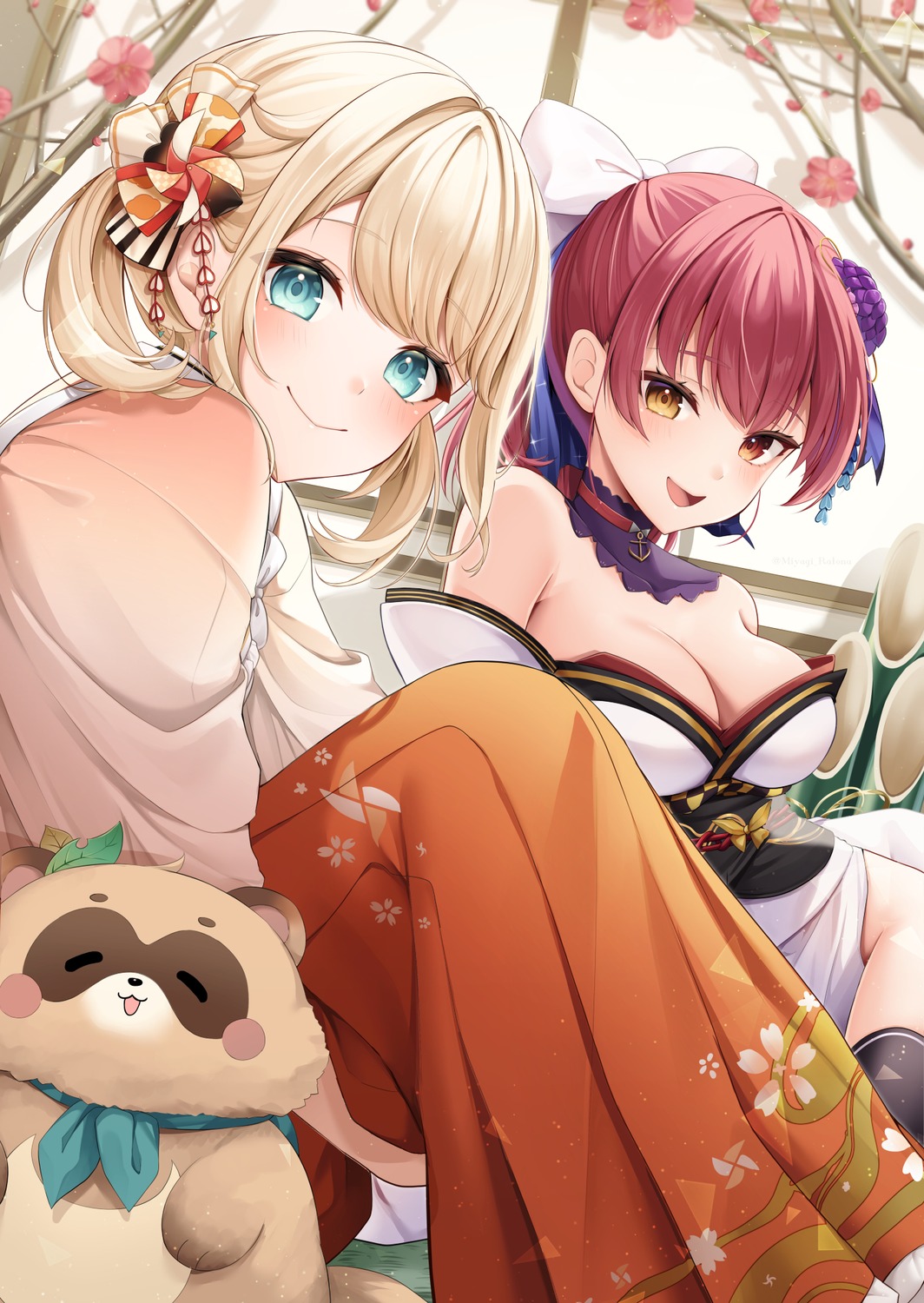 heterochromia hololive houshou_marine japanese_clothes kazama_iroha miyagi_ratona no_bra open_shirt