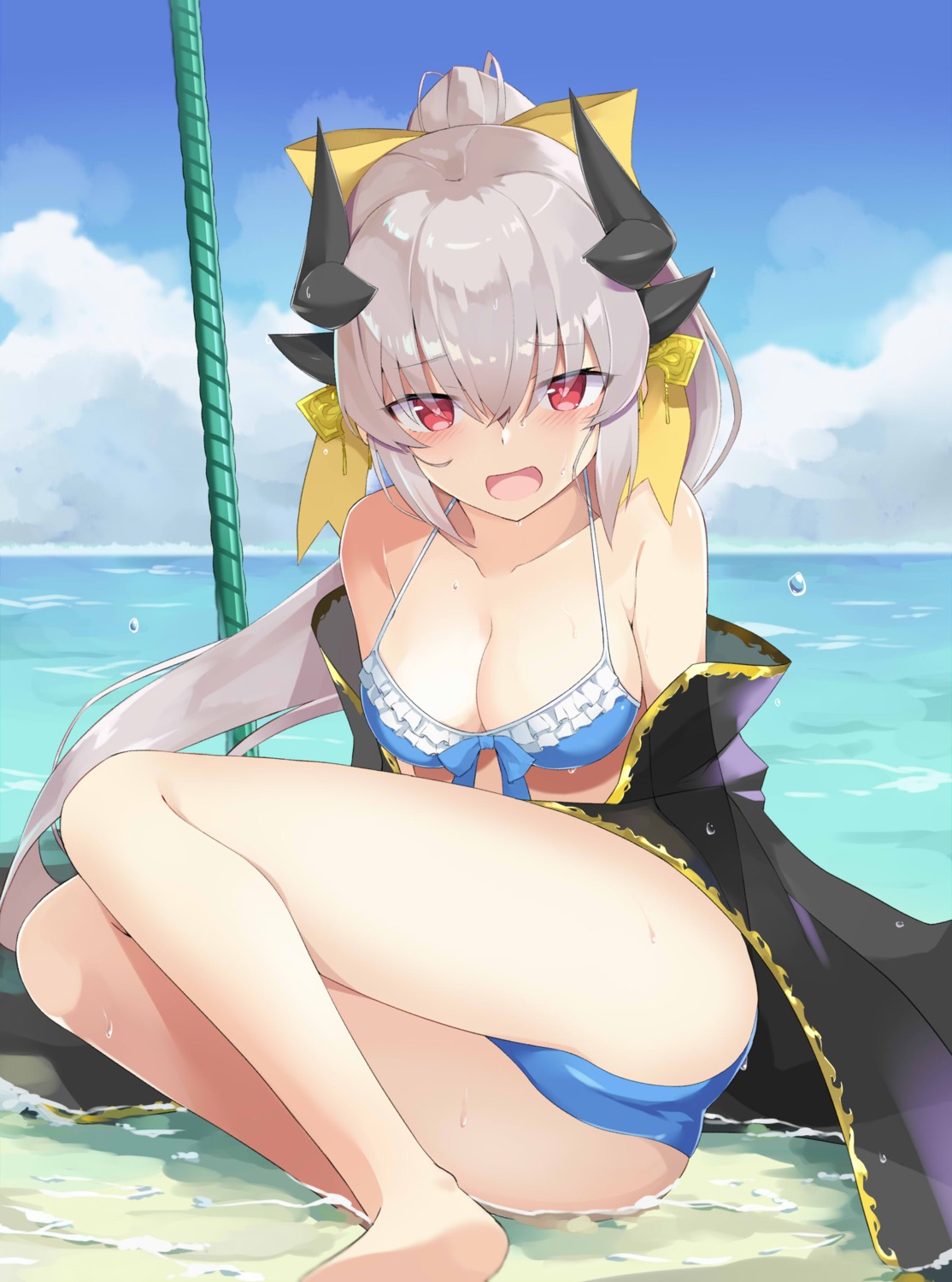 100percent bikini cleavage fate/grand_order horns kiyohime_(fate/grand_order) open_shirt see_through swimsuits wet