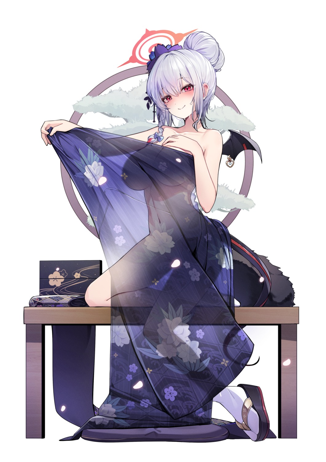 blue_archive ddangbi devil halo heels japanese_clothes kurodate_haruna no_bra nopan see_through tail undressing wings