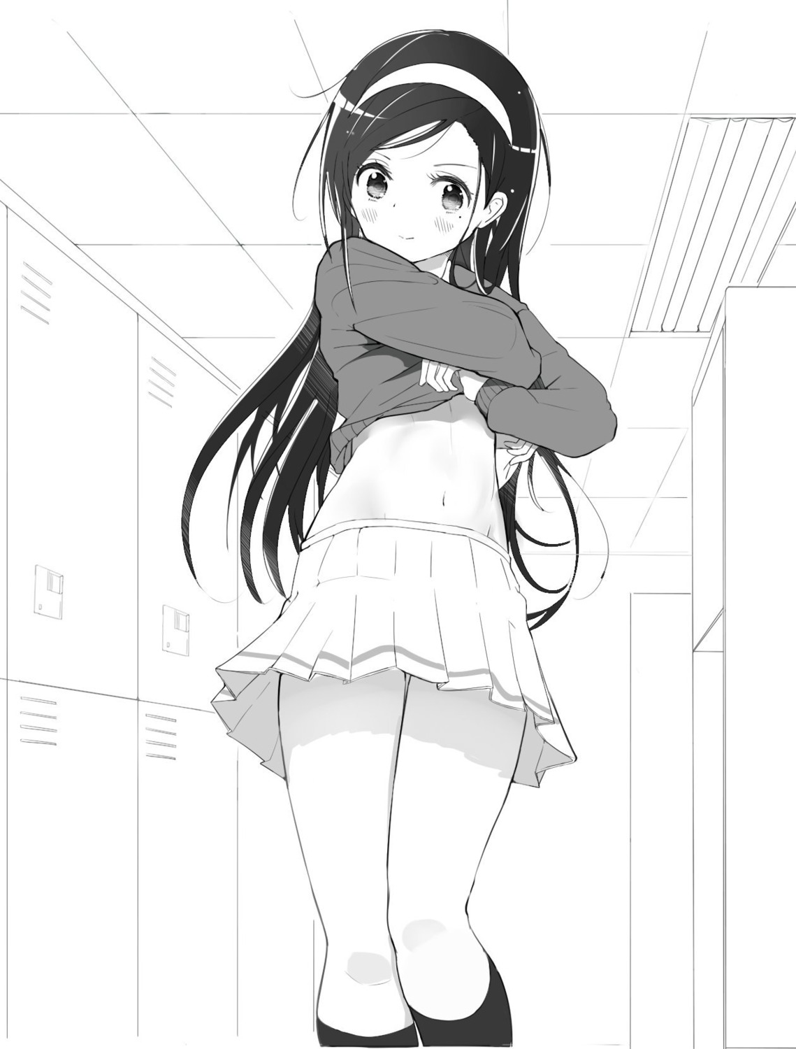 bokutachi_wa_benkyou_ga_dekinai furuhashi_fumino monochrome pjkka seifuku shirt_lift sketch sweater undressing