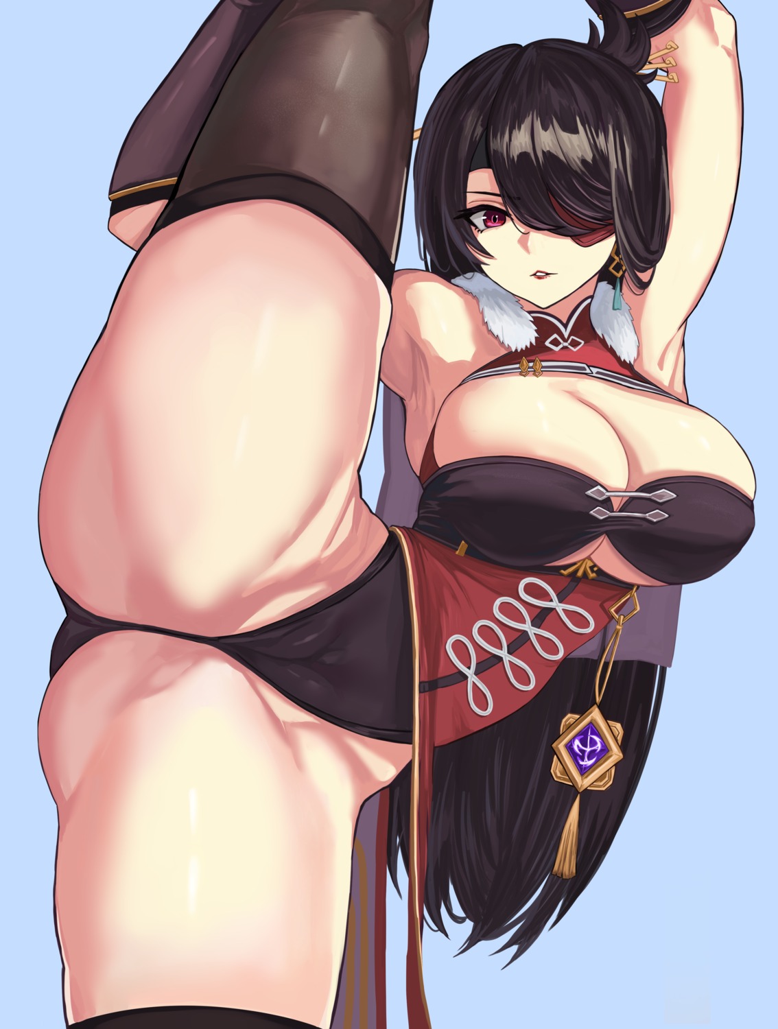 asian_clothes beidou cameltoe eyepatch genshin_impact leotard loooyd no_bra skirt_lift thighhighs