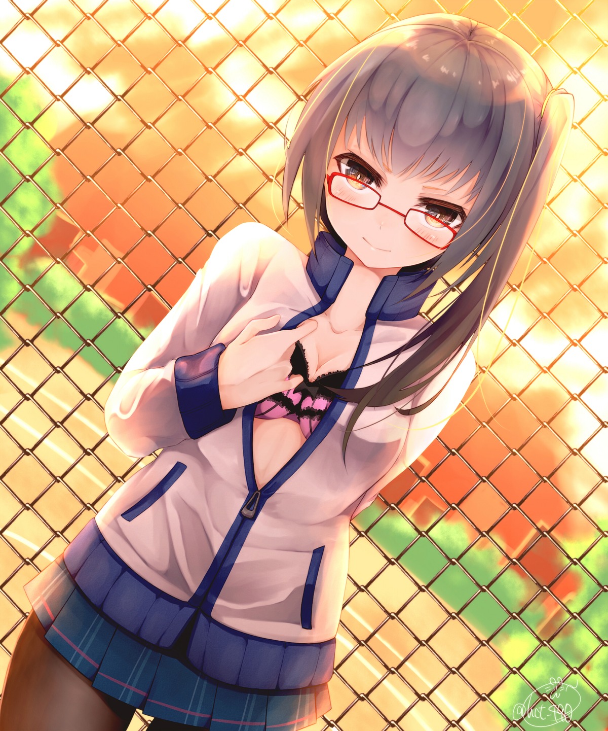 bra chita_(ketchup) cleavage megane open_shirt pantyhose seifuku