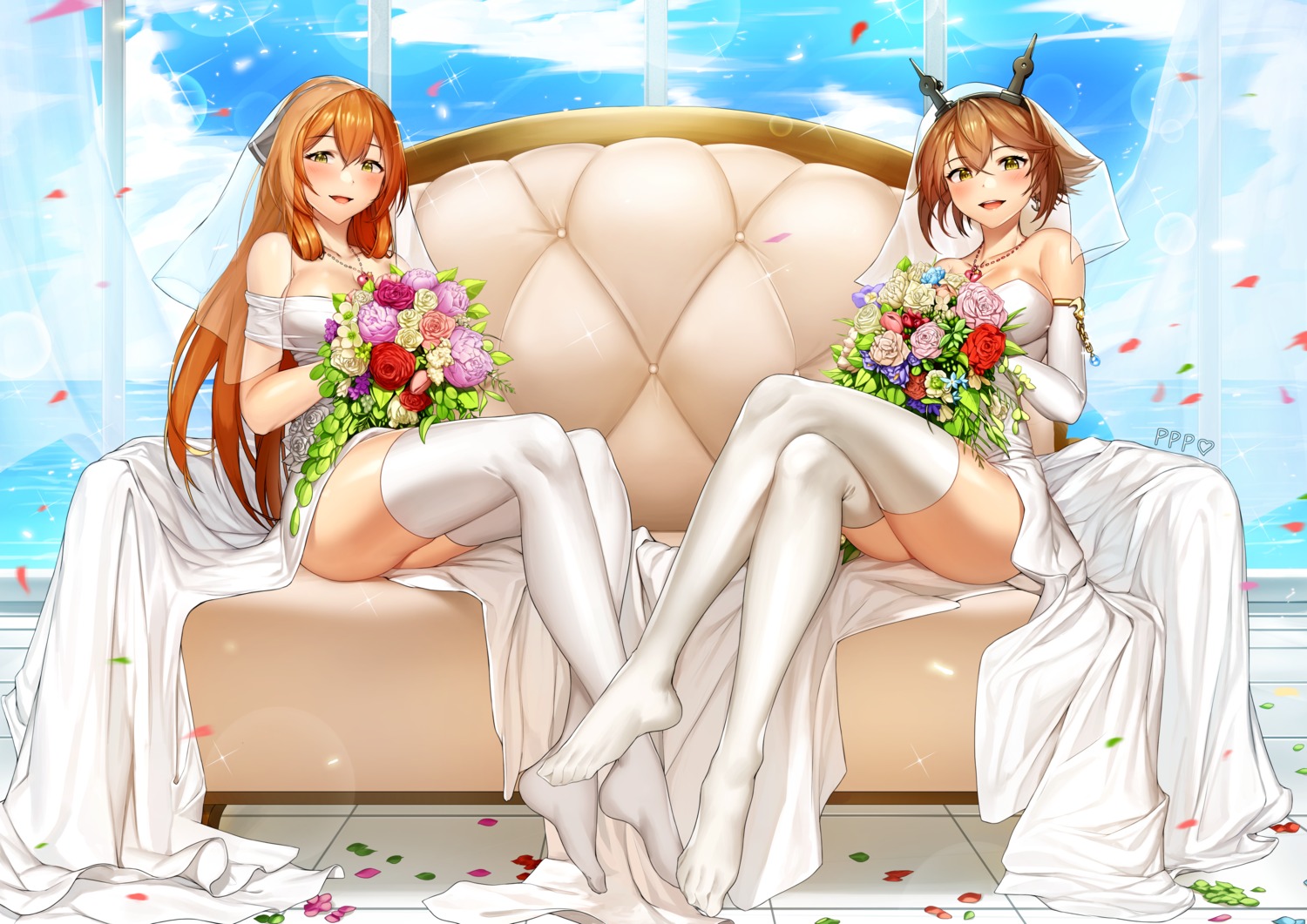 cleavage crossover dress girls_frontline jai_(whany1998) kantai_collection mutsu_(kancolle) skirt_lift springfield_(girls_frontline) thighhighs wedding_dress