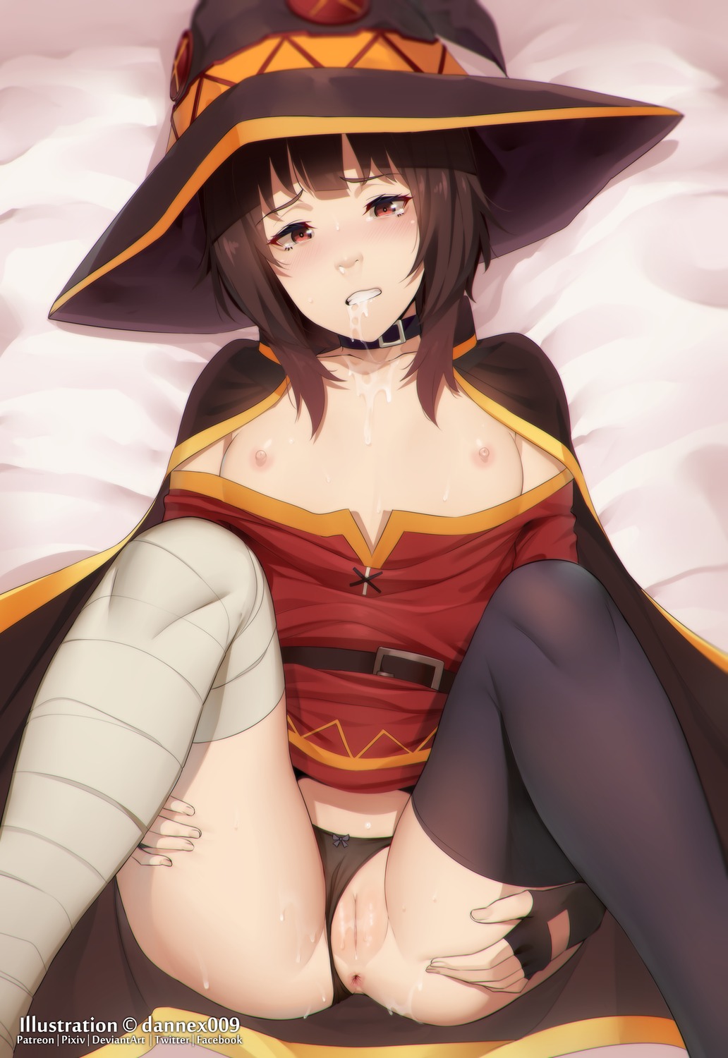 anus bandages breasts dannex009 kono_subarashii_sekai_ni_shukufuku_wo! megumin nipples no_bra open_shirt pantsu panty_pull pussy pussy_juice skirt_lift thighhighs thong uncensored witch