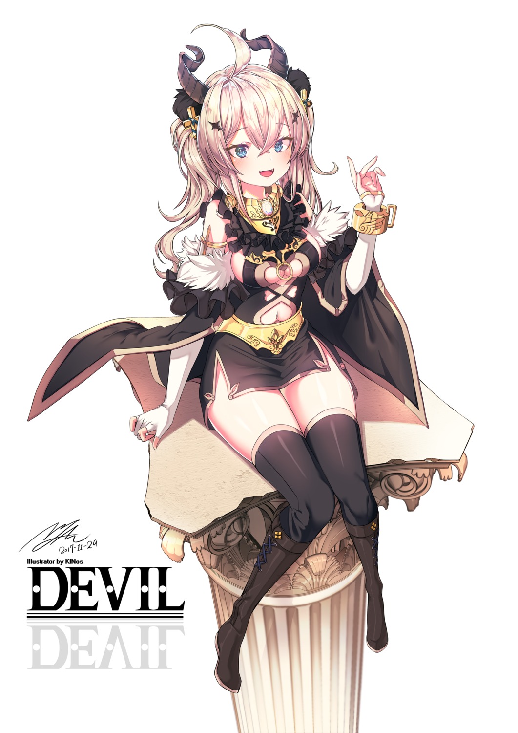 horns kinos_(kw00789) no_bra thighhighs