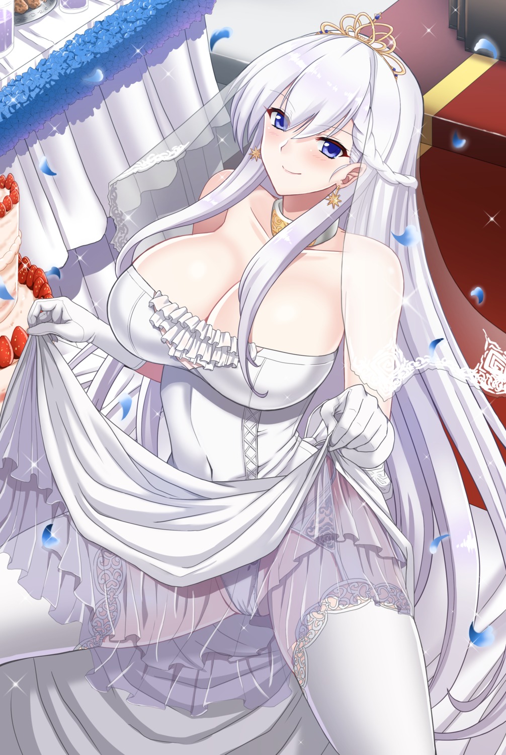 azur_lane belfast_(azur_lane) cleavage dress garter_belt hellandheaven no_bra pantsu see_through skirt_lift stockings thighhighs wedding_dress