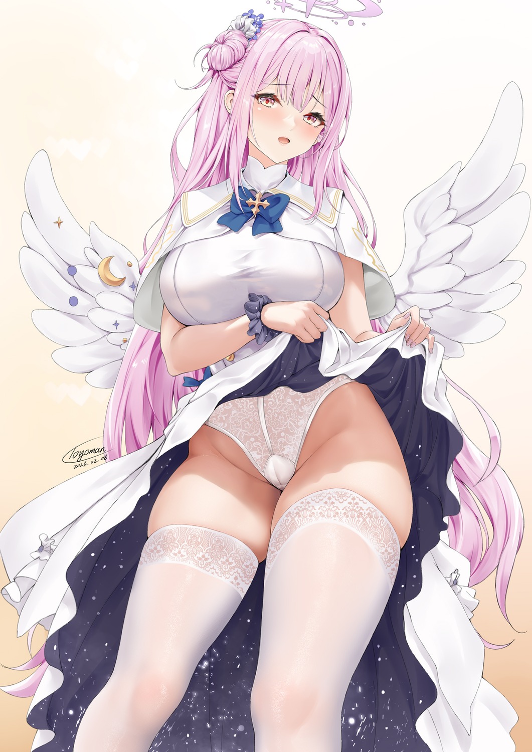 angel blue_archive cameltoe dress misono_mika pantsu skirt_lift thighhighs thong toyoman wings