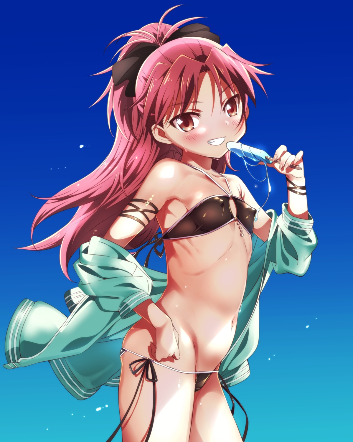 bikini erect_nipples loli niko_(tama) open_shirt puella_magi_madoka_magica sakura_kyouko swimsuits