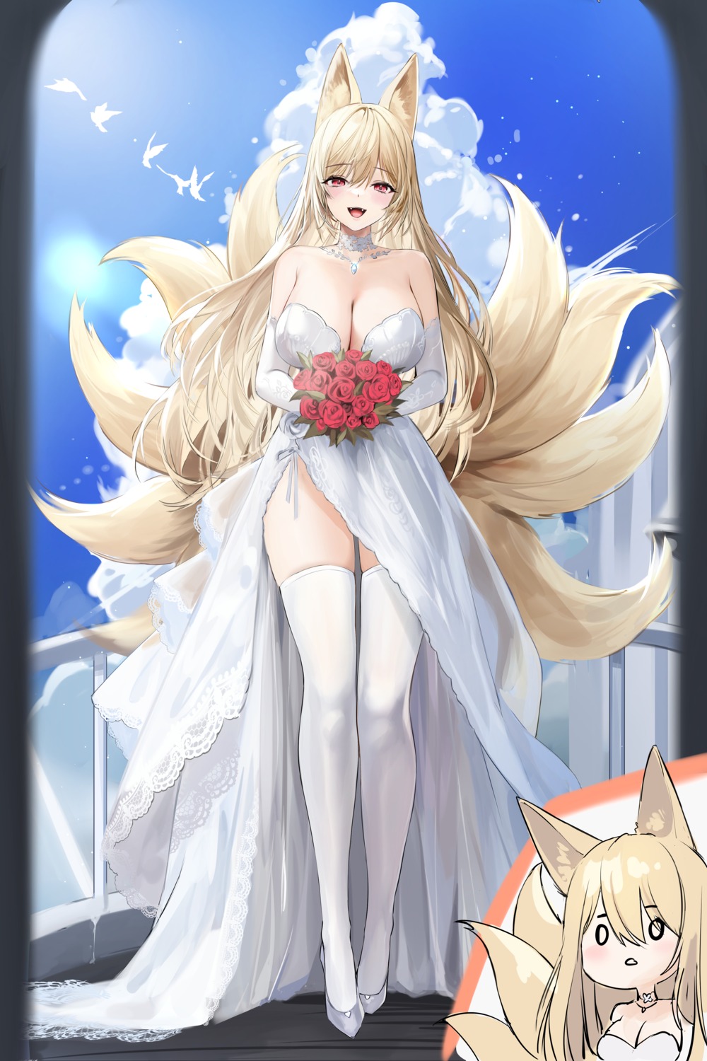 animal_ears cleavage dress kitsune lillly no_bra tail thighhighs wedding_dress