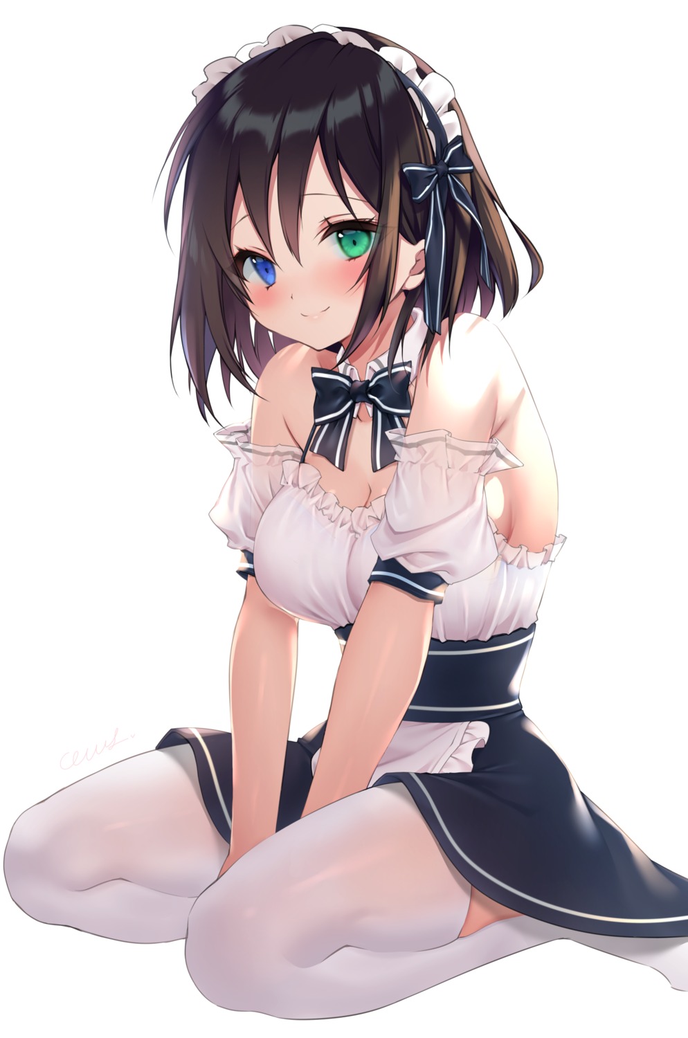 cleavage heterochromia maid no_bra thighhighs yoruhoshi_owl