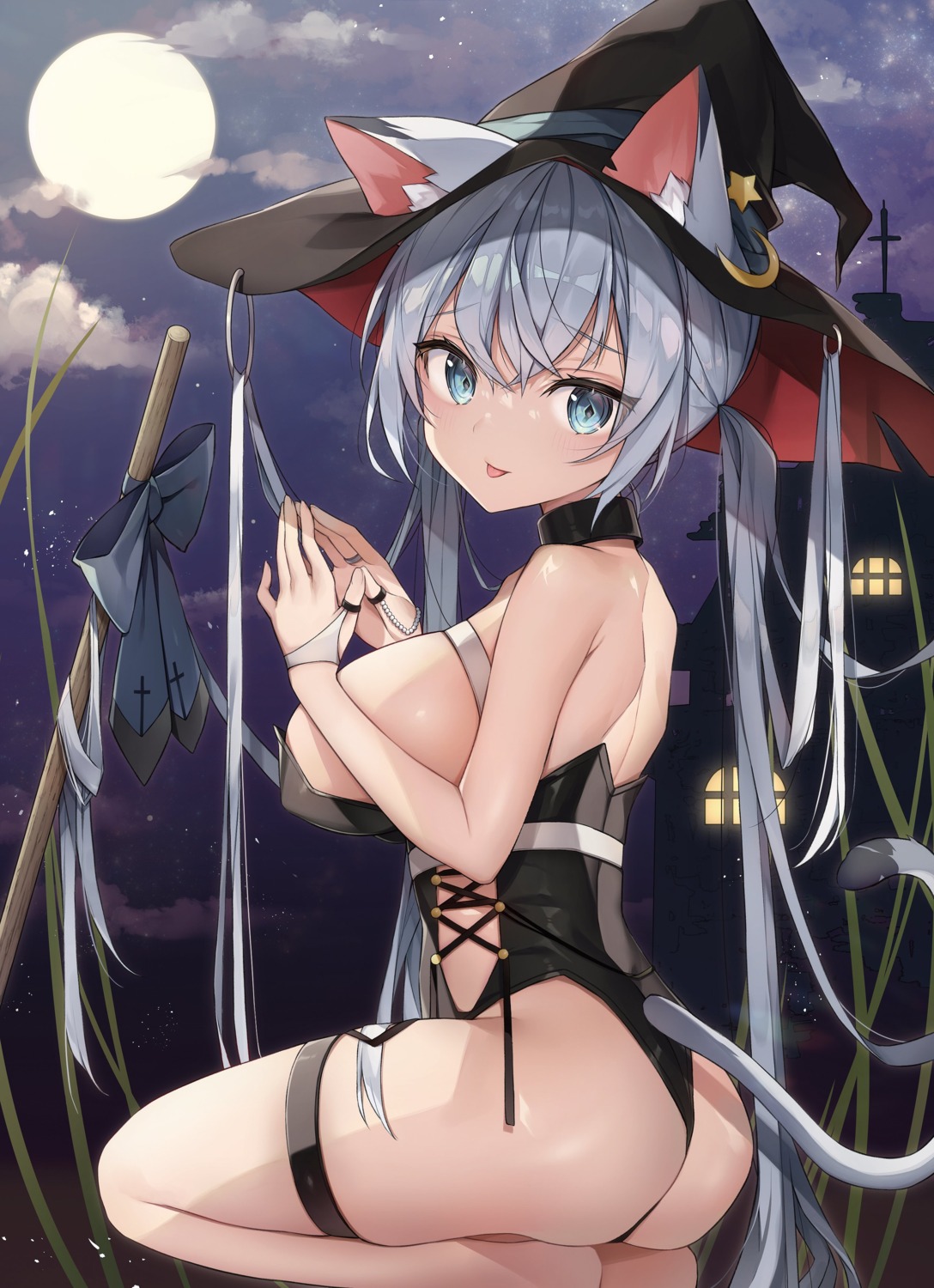 animal_ears ass erect_nipples garter leotard nekomimi no_bra tail witch yayoichi_(yoruyoru108)