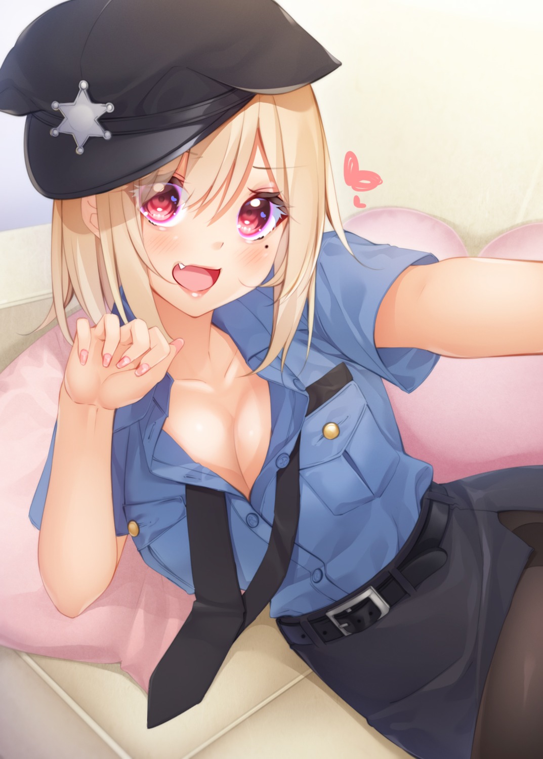 chikuwabuta cleavage open_shirt pantyhose police_uniform skirt_lift