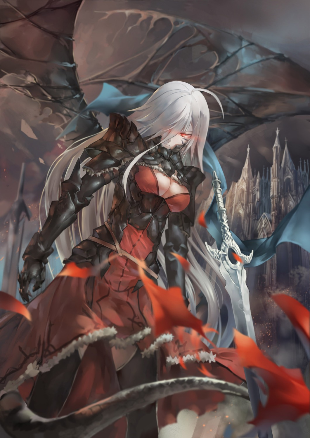 armor azomo cleavage dress no_bra sword tail thighhighs wings