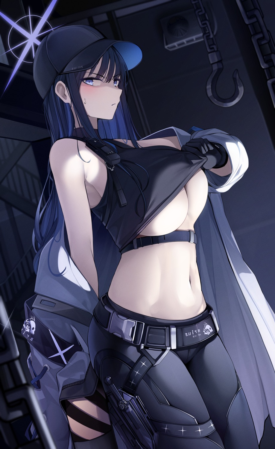 blue_archive ddangbi garter halo joumae_saori no_bra shirt_lift undressing weapon