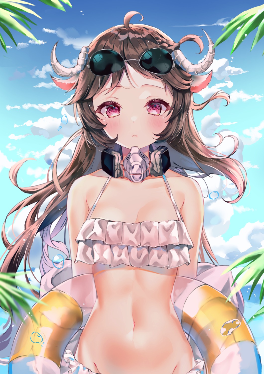 animal_ears arknights bikini eyjafjalla_(arknights) horns lotpi megane panty_pull swimsuits