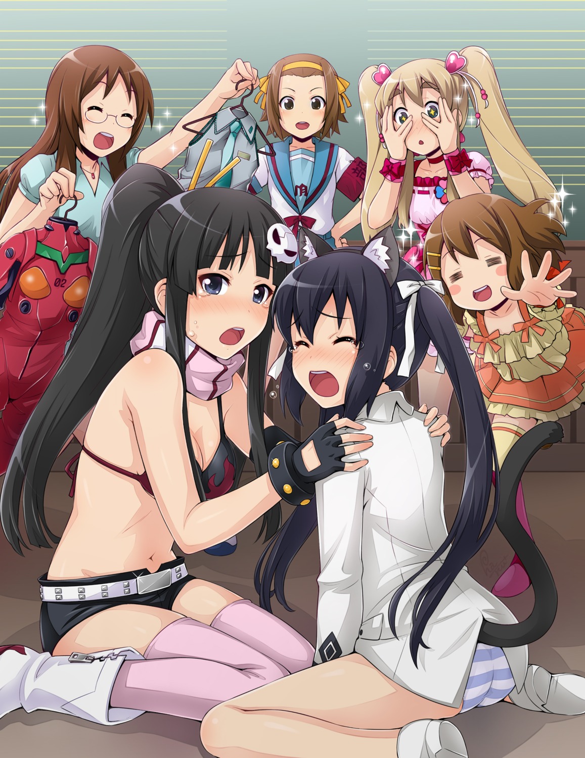 akiyama_mio animal_ears cosplay crossover dress_shirt ha-ru hirasawa_yui k-on! kotobuki_tsumugi nakano_azusa nekomimi pantsu precure seifuku shimapan strike_witches tail tainaka_ritsu tengen_toppa_gurren_lagann vocaloid yamanaka_sawako