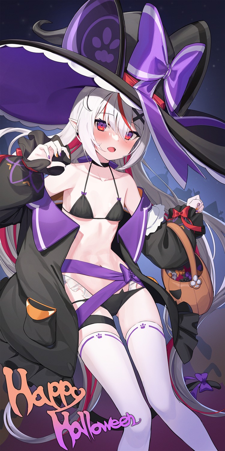 animal_ears bikini garter halloween ohihil open_shirt pointy_ears swimsuits tail thighhighs witch