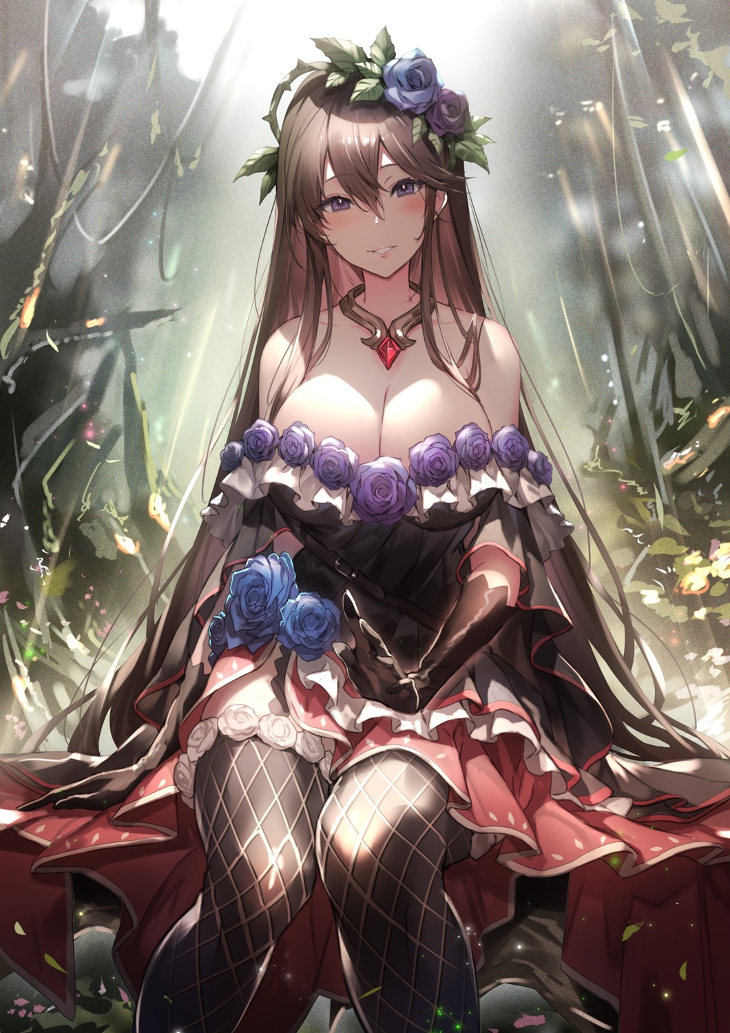 cleavage fishnets granblue_fantasy kakage no_bra rosetta_(granblue_fantasy) thighhighs