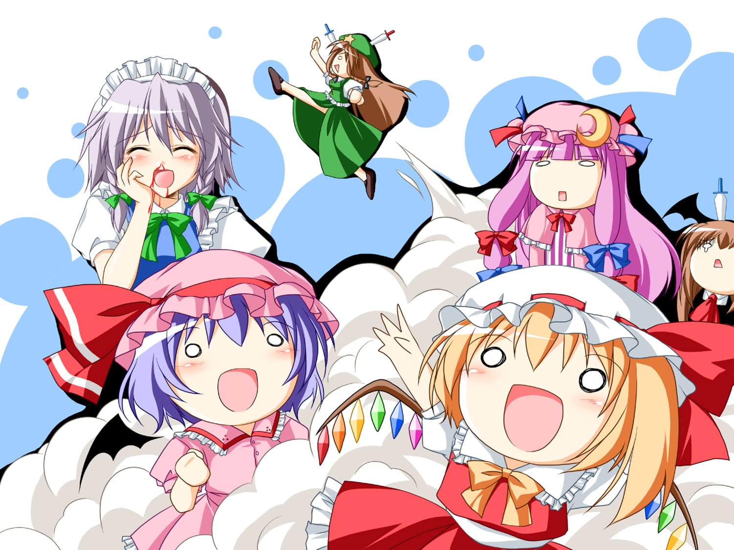 flandre_scarlet hong_meiling izayoi_sakuya kamiya_tomoe koakuma patchouli_knowledge remilia_scarlet touhou wallpaper