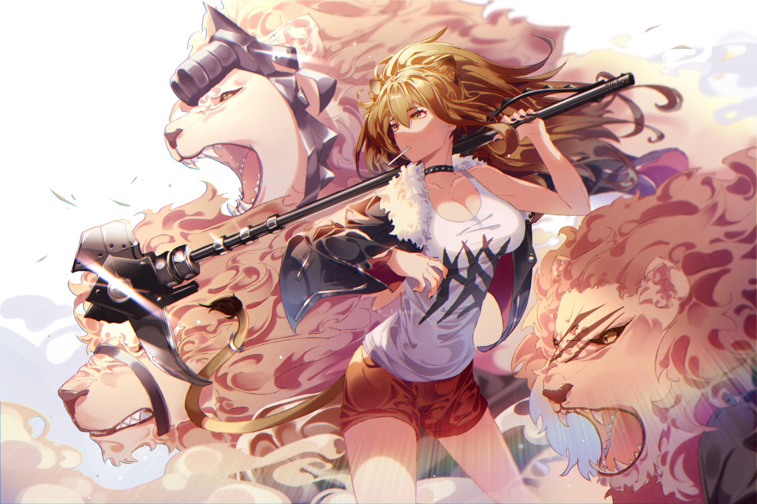 animal_ears arknights cleavage kikan_(kikanoe) siege_(arknights) weapon