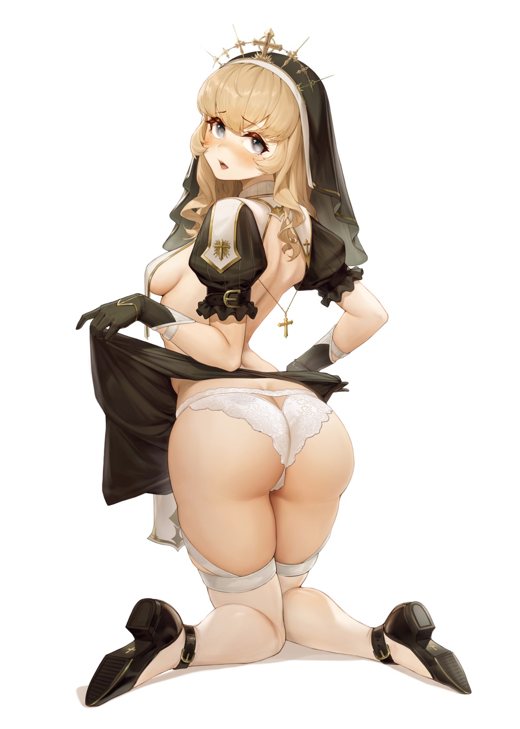 ass heels l_ract no_bra nun pantsu skirt_lift thighhighs thong