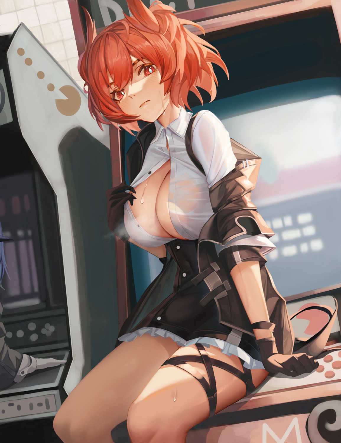 arknights fiammetta_(arknights) garter no_bra open_shirt renleiwanyier see_through