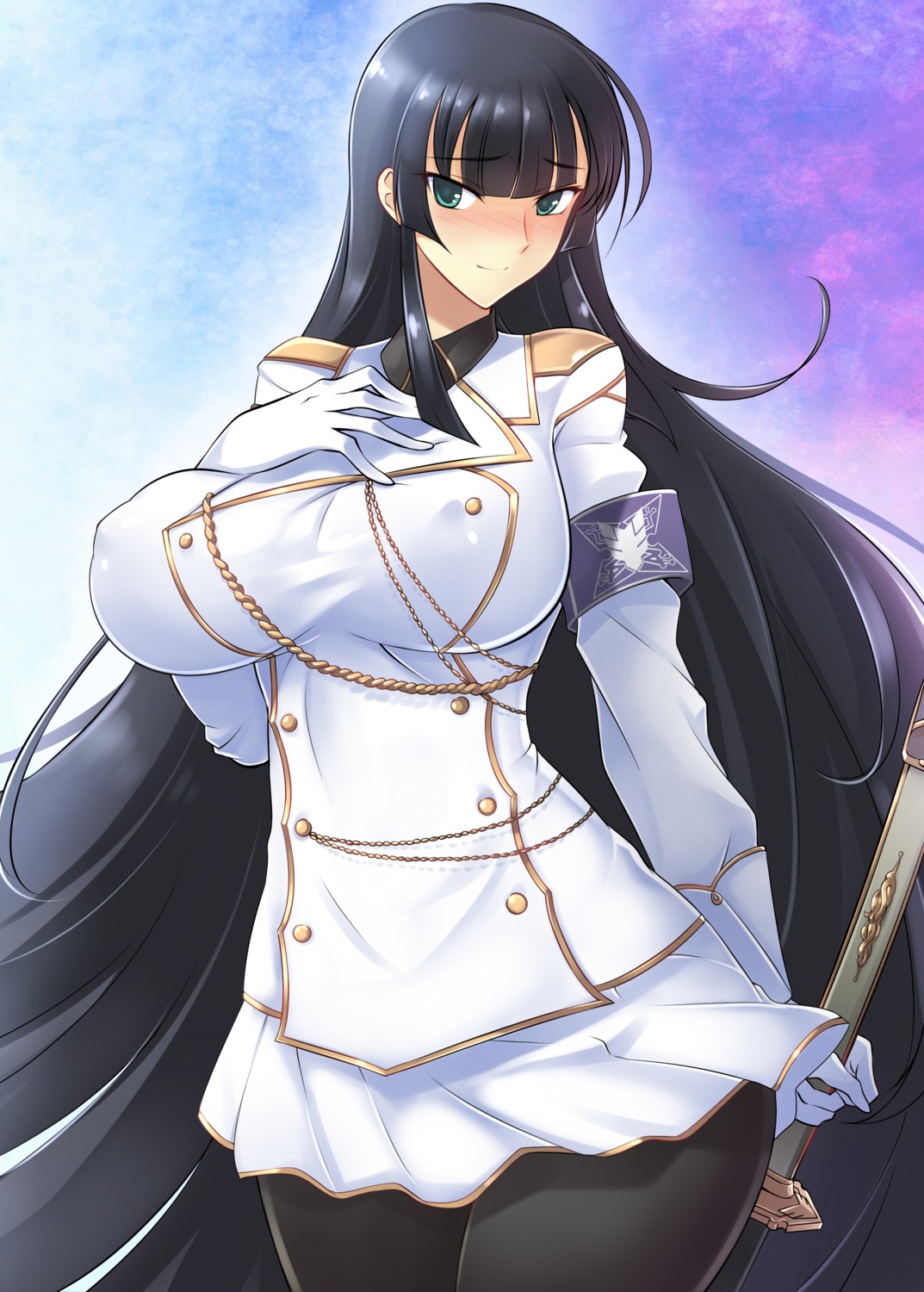 breast_hold erect_nipples haganef ikaruga pantyhose senran_kagura sword uniform