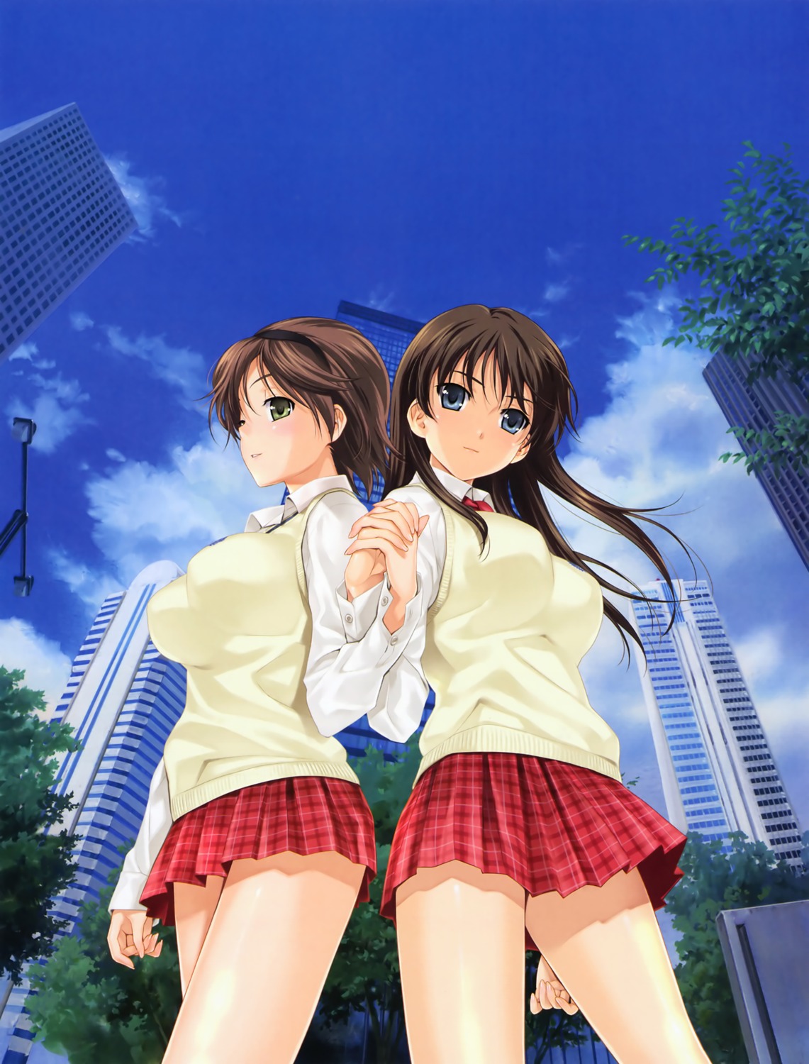 happoubi_jin honma_natsume iseshima_aya seifuku skirt_lift sweater zettai_shougeki_platonic_heart