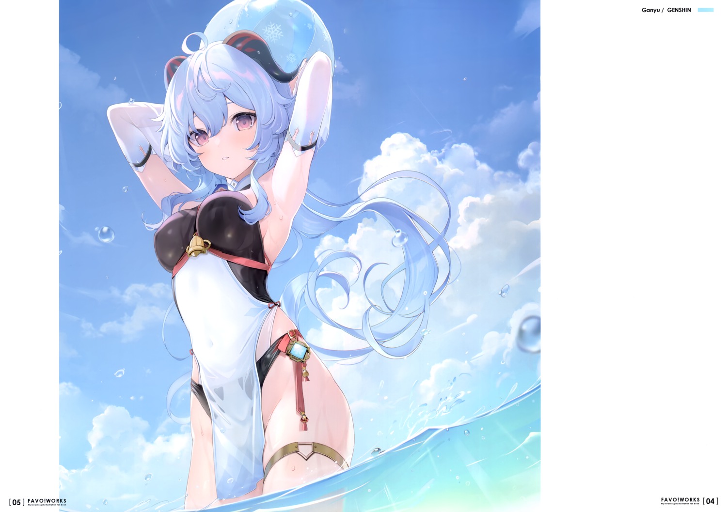 6u asian_clothes eternal_land ganyu garter genshin_impact horns leotard wet wet_clothes