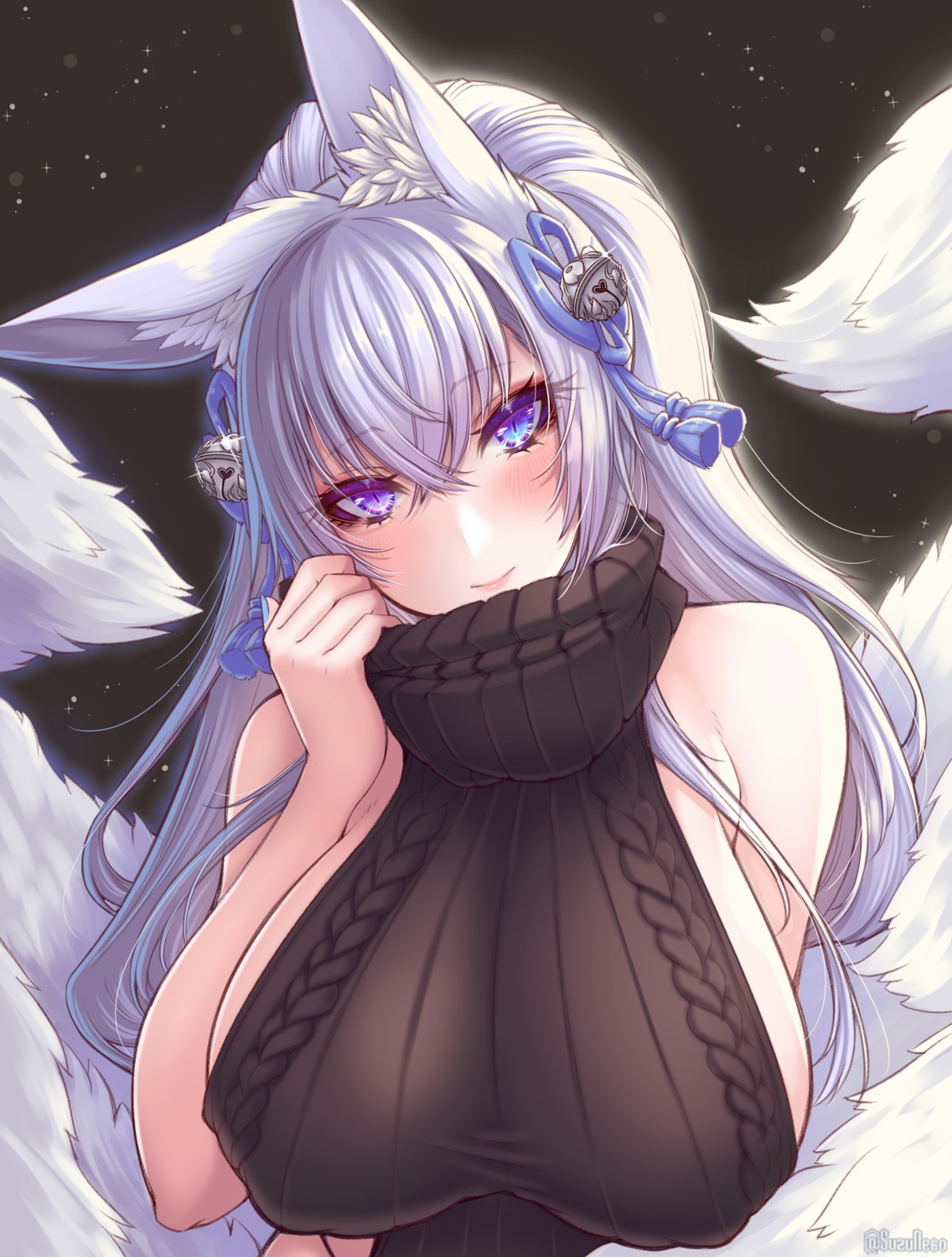 akamaru animal_ears erect_nipples heterochromia kitsune no_bra sweater tail