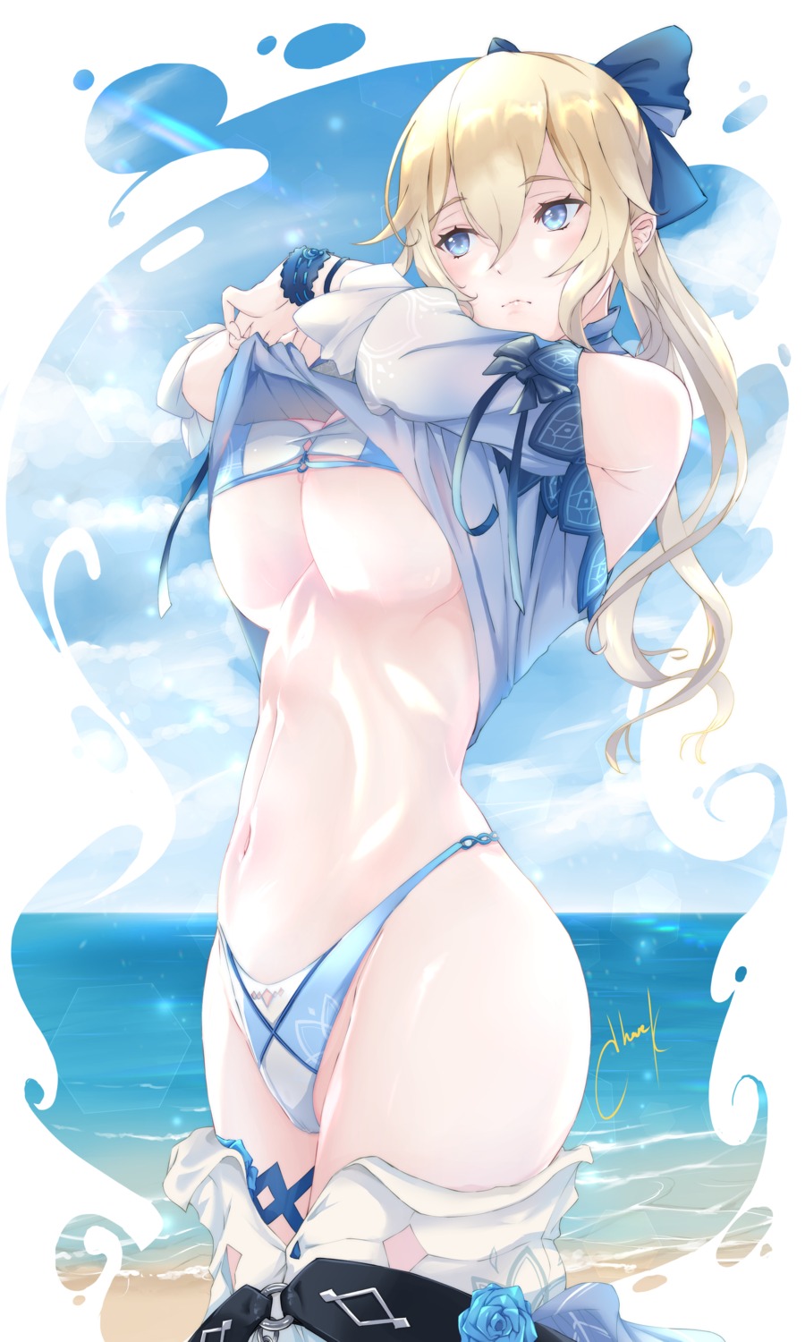 bikini chark garter genshin_impact jean_(genshin_impact) shirt_lift swimsuits undressing