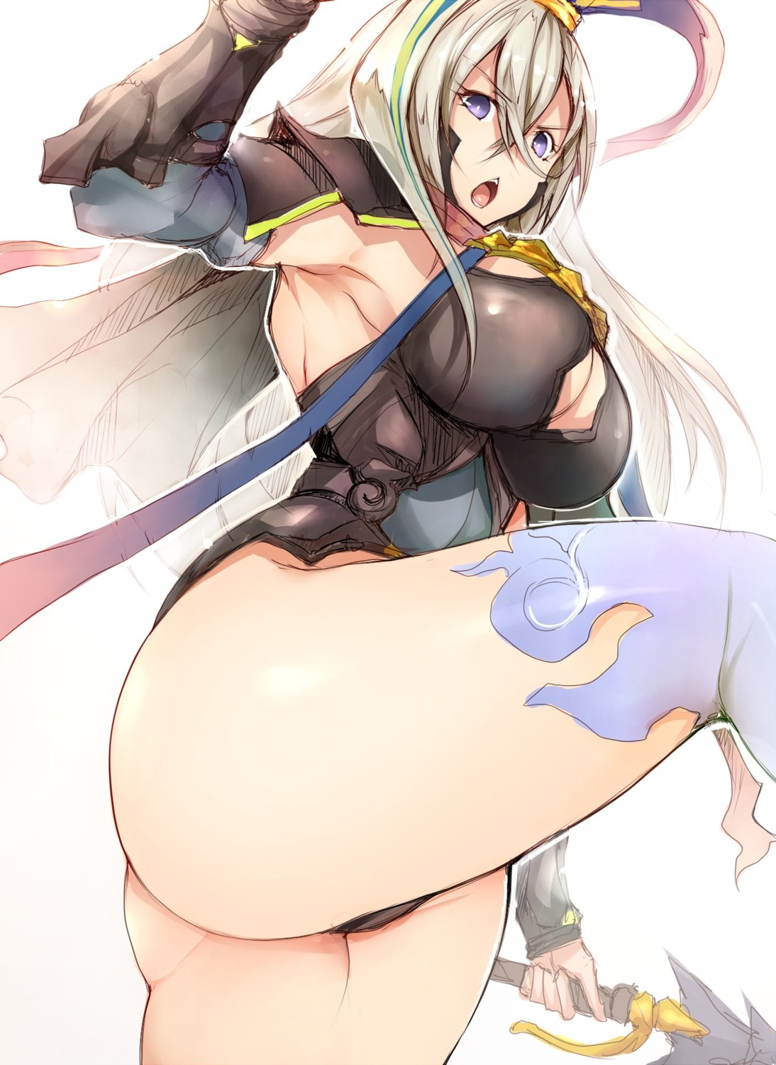 armor ass cleavage fate/grand_order huyan_zhuo_(fate) leotard sketch thighhighs tsukasawa_takamatsu weapon