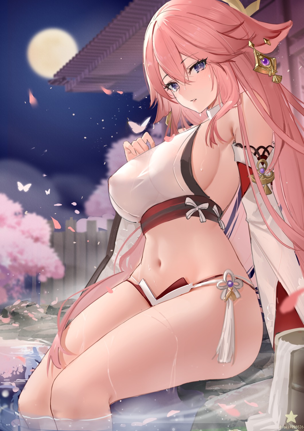 animal_ears genshin_impact no_bra onsen wenbugu wet yae_miko