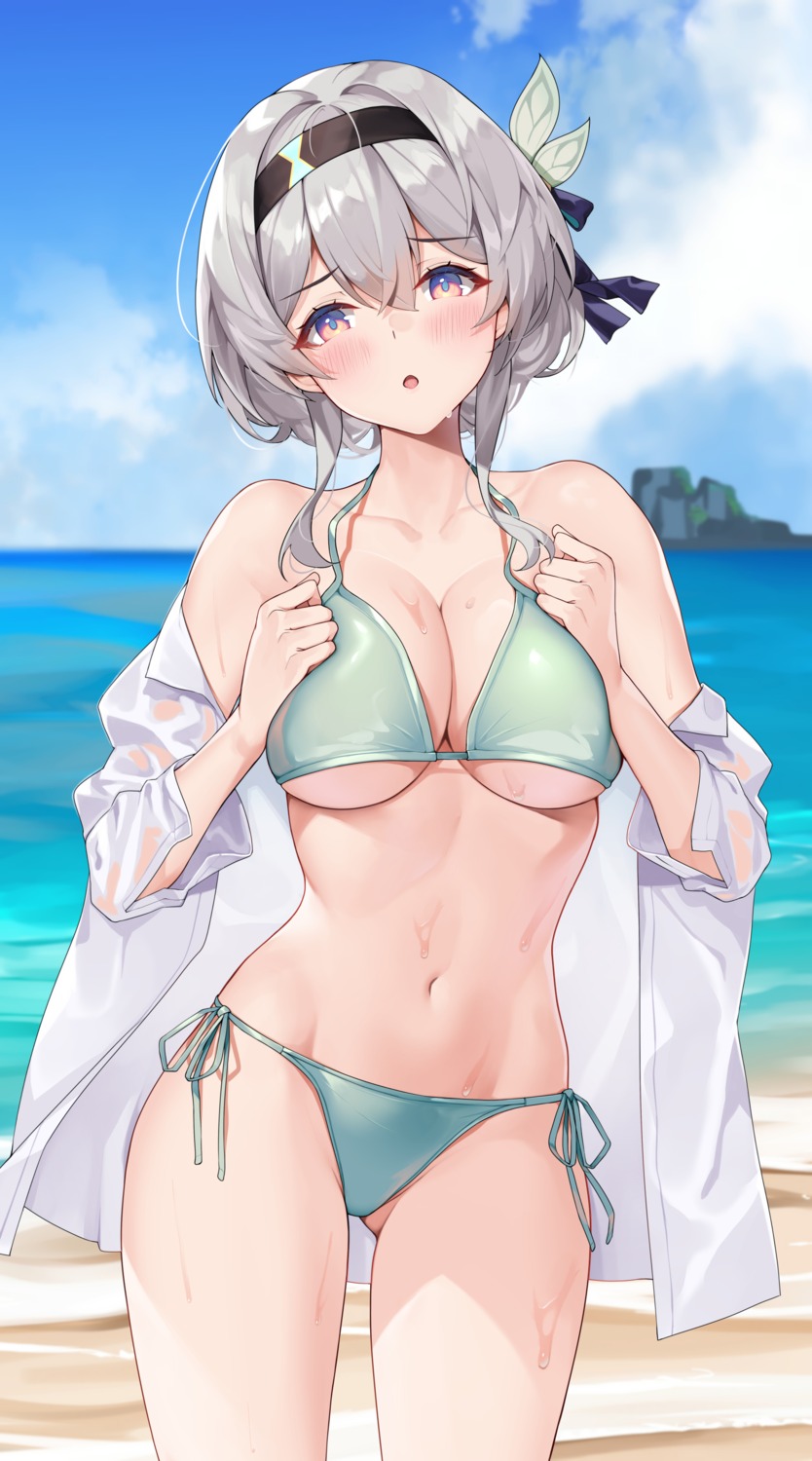 bikini breast_hold dress_shirt firefly honkai:_star_rail matrix16 open_shirt see_through swimsuits wet wet_clothes