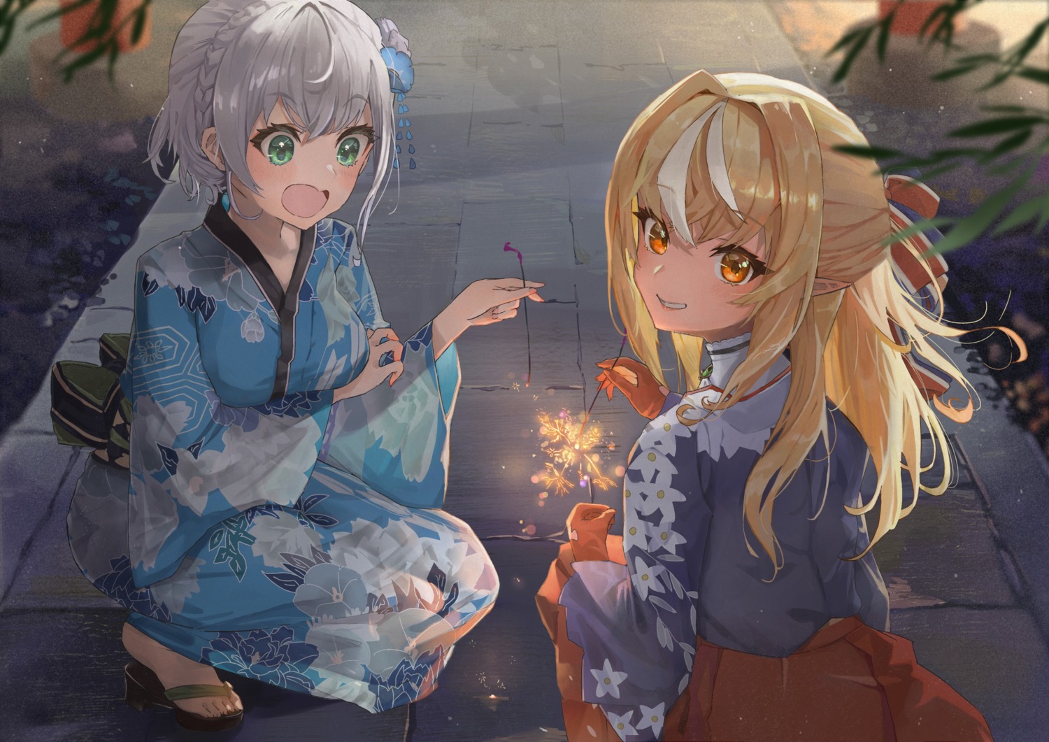 elf hololive japanese_clothes pointy_ears sanada_keisui shiranui_flare shirogane_noel yukata