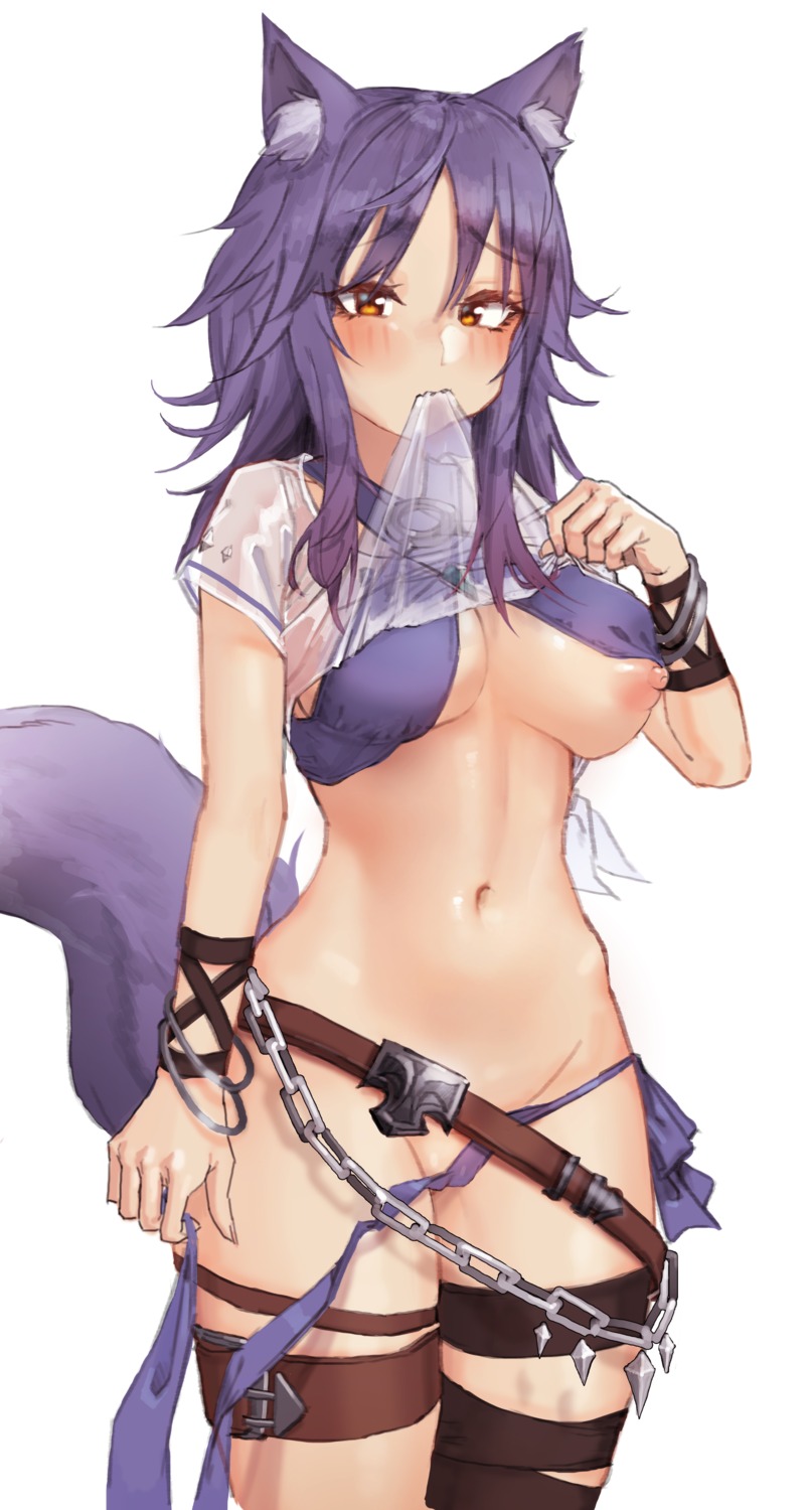 aki_makoto animal_ears bikini breasts cameltoe eun_bari garter nipples panty_pull princess_connect princess_connect!_re:dive see_through shirt_lift swimsuits tail undressing wet_clothes