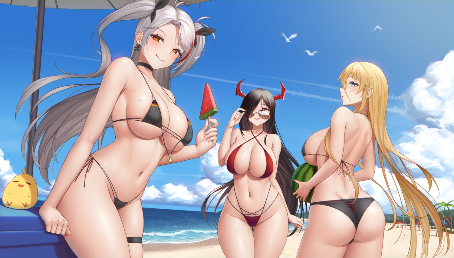 ass azur_lane bikini bismarck_(azur_lane) friedrich_der_grosse_(azur_lane) garter horns manjuu_(azur_lane) megane prinz_eugen_(azur_lane) swimsuits thong whitter