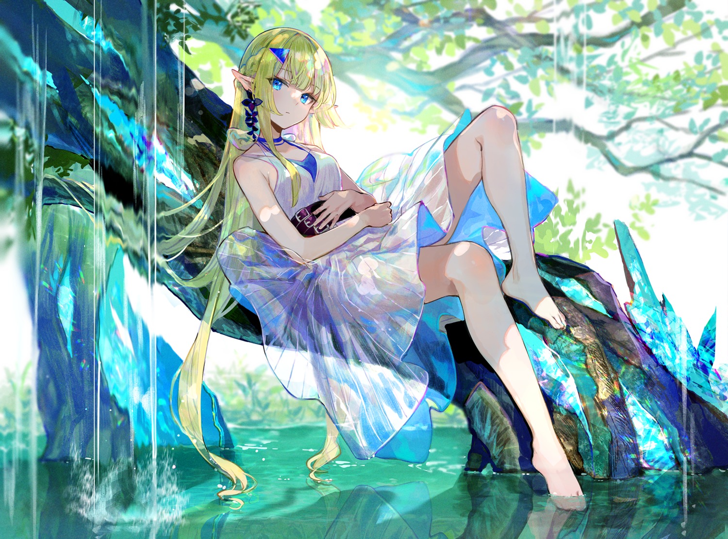 dress feet fuzichoko pointy_ears see_through skirt_lift wet